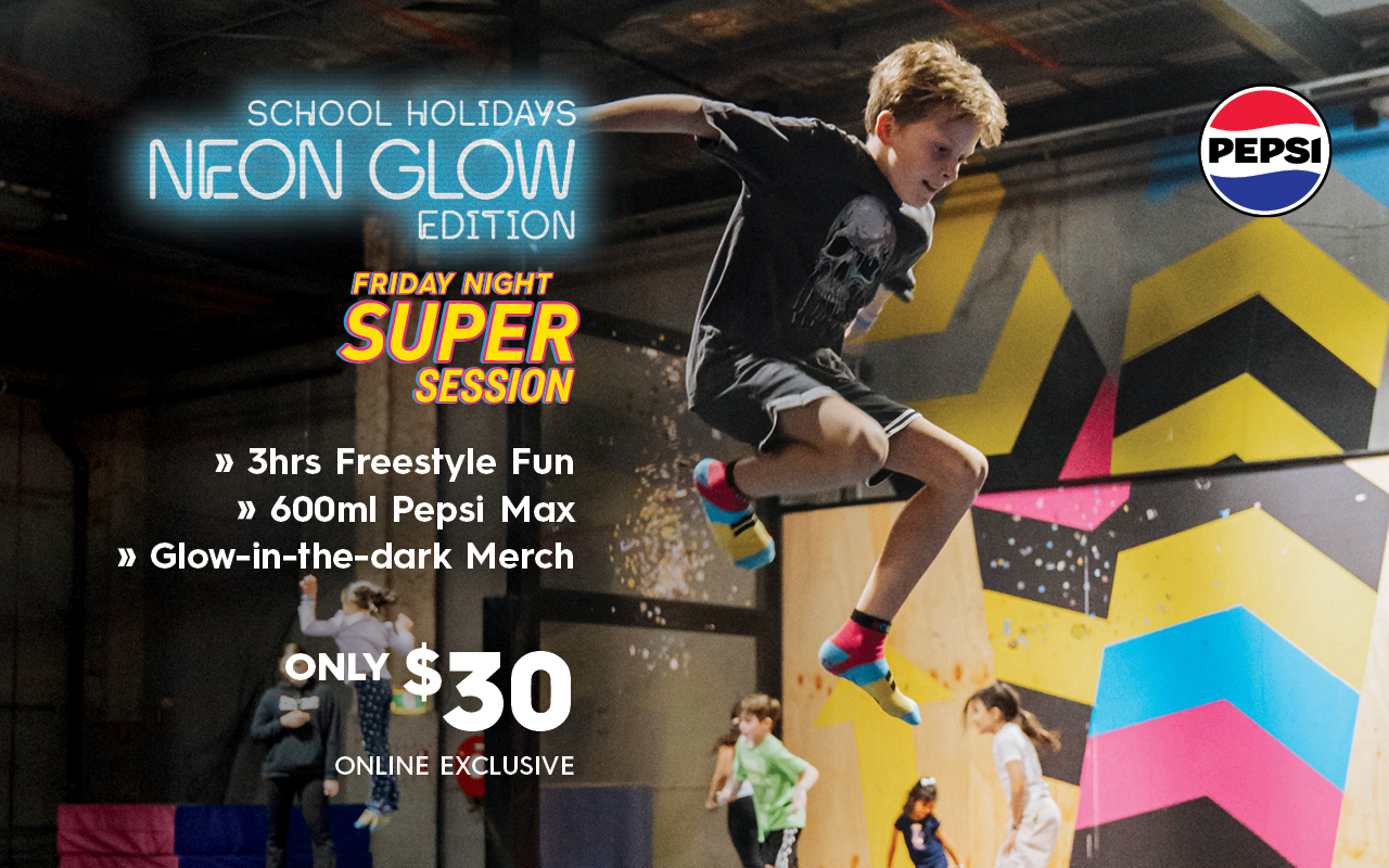 Friday Night Super Sessions: School holidays Neon Glow edition. 3 hours freestyle fun, 600ml Pepsi Max and glow-in-the-dark merch
