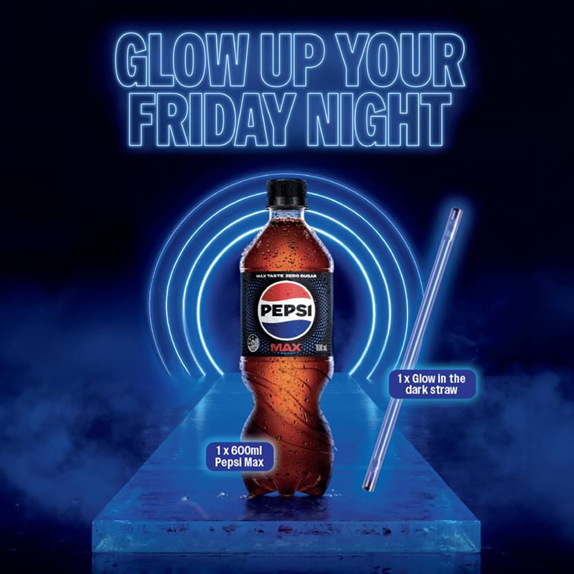 Glow up your friday night. 1x 600ml Pepsi Max and 1 Glow in the dark straw